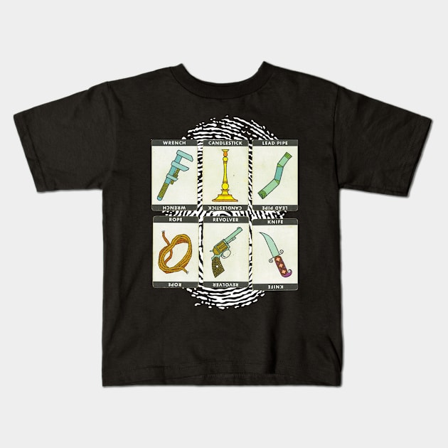 The Murder Weapons of the Board Game of Clue Kids T-Shirt by Desert Owl Designs